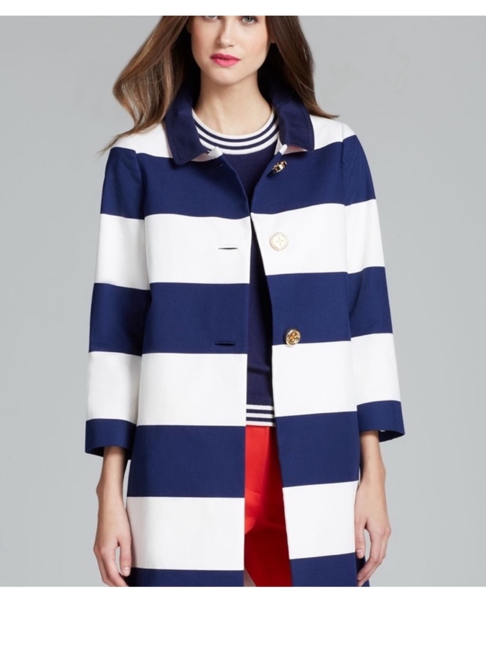 Kate Spade New York Franny Striped Coat Womens SZ L Button Up Bow Accent Preppy